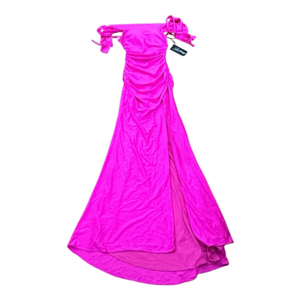 La Femme 28506 Pink Off the Shoulder Dress with Tie Back and Slit Size 6 NWT - Picture 5 of 11